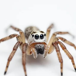 a spider with one eye, close-up shoot, background white, camera reflection on spider's eye