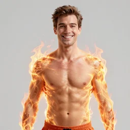 a happy white spanish man in his early 4 0 s, heavenly fire is enveloping his body and coming to his head, the man is wearing a t - shirt of burgundy color, art by artgerm