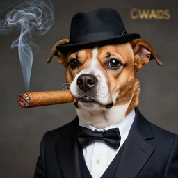 a high detail closeup photograph of a dog wearing a suit 👔,and smoking a cigarrette🚬, award wining photograph, digital art