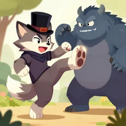 fursona of wolf with happy face and with top hat doing a round kick to fight monster