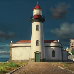 a film still Streets of Salvador Brazil, Barra light house, beach, farol da barra, medium shot, waist up, studio Ghibli, Pixar and Disney animation, sharp, Rendered in Unreal Engine 5, anime key art by Greg Rutkowski, Bloom, dramatic lighting