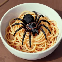 An angry spider in a bowl of spaghetti, vaporwave