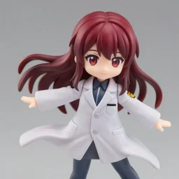 complete figure of kurisu makise from steins gate wearing a comfy labcoat, dark red hair, personification, eyes of nendoroid, pvc figure, dynamic pose, amiami, aniplex, kotobukiya, detailed product photo, beautiful composition, 8 5 mm, f 1. 8