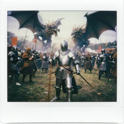 polaroid of medieval knight in battle with a dragon
