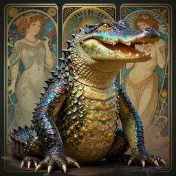 cinematic portrait of anthropomorphic gator, masculine and ferocious, prehistoric scales by artgerm, cushart krenz, greg rutkowski, mucha. art nouveau. gloomhaven, iridescent scaled body, vibrant colors, sharp edges. ultra clear detailed. 8 k. elegant, intricate, octane render