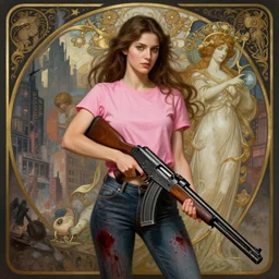 an woman with a pink t shirt and bloody jeans holding an assault shotgun, apocalyptic city backround, goddess, intricate, elegant, highly detailed, digital painting, artstation, concept art, smooth, sharp focus, illustration, art by artgerm and greg rutkowski and alphonse mucha and william - adolphe bouguereau