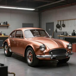 classic musicle car with copper paint, in a workshop, concept art style by pablo carpio. full view.