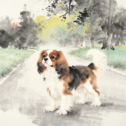 classical chinese ink painting of a cavalier king charles spaniel, on a road in a park on a sunny day