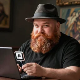 bearded balding chubby guy in a fedora selling nft's online, digital art