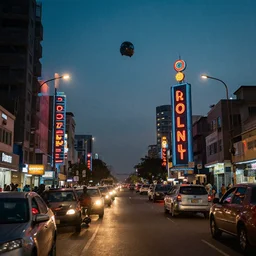 photograph of a neon lit - lagos urban street - in nigeria - with flying vehicles,