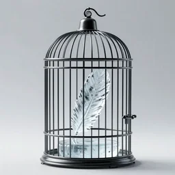 bird cage holding a ice sculpture of a feather