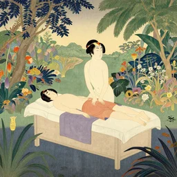 paradise garden massage, artstation, in the style of moebius, jugendstil and classic japanese print, art by jean delville