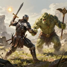 a warrior fighting a orc, fantasy illustration by nils gulliksson
