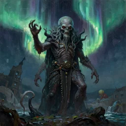 aurora, cthulhu, oil painting, darkness, paint texture, digital painting, highly detailed, artstation, sharp focus, illustration, concept art, ruan jia, charlie bowater, tom bagshaw, norman rockwell