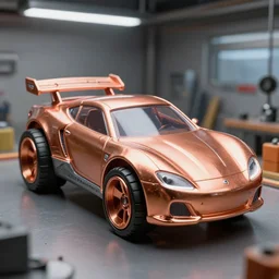 giant hotwheels car with copper paint, in a workshop, futuristic, art style by pablo carpio. full view.