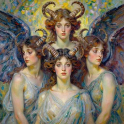 neo classical art detailed facial features digital painting illustration studio portrait of three beautiful dark bat winged seraphim female energies with fibonacci spiral hornes, in artistic poses in nature, monet painterly motives and textures pattern, hyper detailed, octane render, vivid colors, artstation, by jeremy mann, by alphonse mucha, by monet
