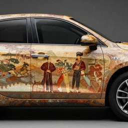 A High quality award winning photo of a car with the bodywork painted with a ancient chine art style of the beatles, ancient china art style, car paint, ancient china style of the beatles, car paint