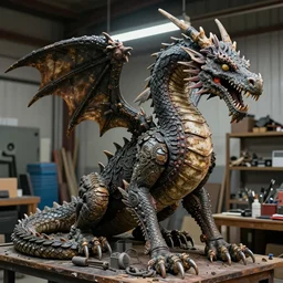 photo taken of an epic intricate, ultra detailed, super realistic gritty, hero prop, exquisitely weathered animatronic movie prop of a lifelike sculpture of a quetzalcoatl dragon snake creature displayed in the workshop, created by weta workshop, full body shot, photorealistic, sharp focus