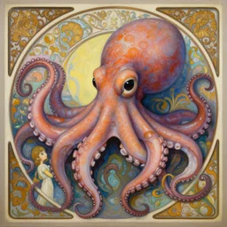 an hyper intricate oil painting of an anthropomorphic cute octopus!!!!!, hyper detailed tentacles, surreal, excellent composition, by yoshitaka amano, by greg rutkowski, by alphonse mucha, by rhads, by ross tran, trending on artstation