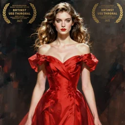 a detailed fashion illustration of woman in red dress