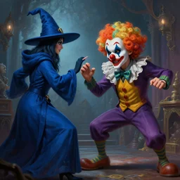 a mustache man wearing clown wig, fighting a witch in blue robes, d & d, intricate, elegant, volumetric lighting, scenery, digital painting, highly detailed, artstation, sharp focus, illustration, concept art, ruan jia, steve mccurry