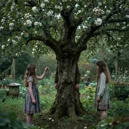 a man has become an apple tree in a secret garden. a girl holds a key. folk horror