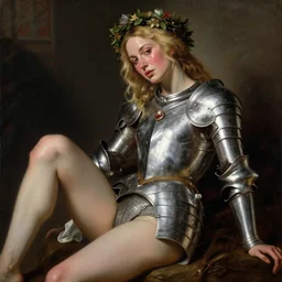 blushing, sweating, seductive saoirse ronan, blonde hair, wearing silver armour, posing seductive, looking seductively, ornate wreath, legs, oil painting by titian, hard focus