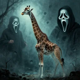 a ghostly haunting giraffe, sunken recessed indented spots, Ghostface, Scream, by Giger and Jeffrey Smith and Emek Golan