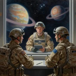 3 space soldiers having a discussion near a window that shows planets and stars, Digital art, Detailed Oil painting, hyperrealistic