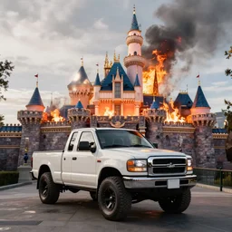 lifted pickup in front of burning Disney Land by Emmanuel Lubezki