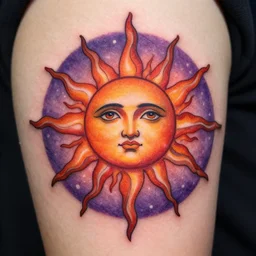 a sun and moon mandala, tattoo style, color restoration, orange purples reds, glowing, double exposure, high quality ink