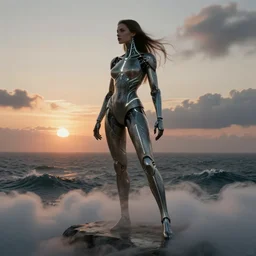 biblical beautiful female android assasin, bright glowing veins, in clouds, sunset over raging ocean, fashion posing, by gerald brom, by mikhail vrubel, by peter elson, muted colors, extreme detail, reflections, trending on artstation, 8 k