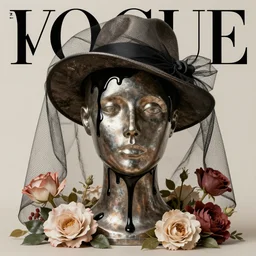 a head made out of metal, neutral palette, black paint melting, it is wearing a hat and a veil, there are flowers all around it, vogue cover style, greg rutkowski style