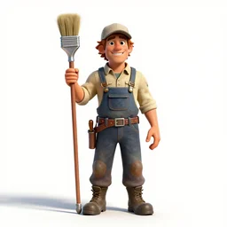 cheerful archaeologist with brush, high detail digital art, full body, standing, isolated on a pure white background, centered, whole figure in frame, sharp focus, studio lighting