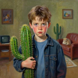 realistic portrait beautiful painting from scene of home alone 2 when main character mutate into a cactus mutant. horror, created by thomas kinkade and michaelangelo,.