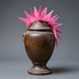 photo of an urn with a pink punk hairdo