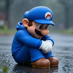 depressed Mario in a blue hoodie on the rain, matte painting, realistic, sad, emotional, powerful