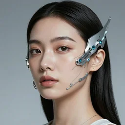 portrait of a beautiful futuristic woman layered with high-tech jewelry wrapping around her face and head, 2067