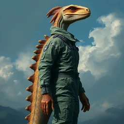 epic professional digital art of female human - iguanodon hybrid animal wearing air force jumpsuit, iguanodon dinosaur tail, painting, by lisa roet, reyna rochin, iris van herpen, leesha hannigan, artstation, cgsocietywlop, epic, much wow, much detail, gorgeous, detailed, cinematic, masterpiece