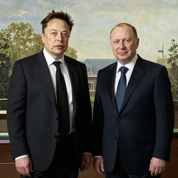 Elon Musk with Dmitry Rogozin in style of a painting American Gothic by Grant Wood,