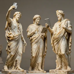 ancient greek statues taking selfies and watching stone ipads, marble detailed, exploration, national geographic, volumetric lighting