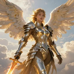 A beautiful fierce angel wearing metallic battle armor and a flaming sword, wing, among heavenly sunlit clouds, close-up shot, intricate, elegant, digital painting, golden hour, cinematic, trending on artstation, concept art, smooth, sharp focus, illustration, art by artgerm and Greg Rutkowski and Alphonse Mucha