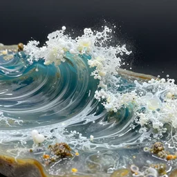 an ocean wave transformed in resin and fossialized, colors, pale, highlights, artistic