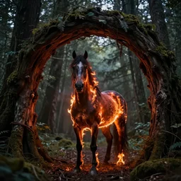 dramatic digital art of a nightmare horse on fire standing in a natural forest archway, dramatic back lighting
