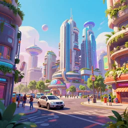 a beautiful street level drawing of small section of a future funk space city, unreal engine, illustrated by a vibrant artist