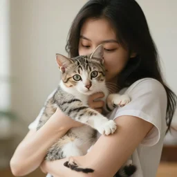 photo of a girl holding a kitten in the style of stock photography
