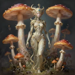 organic cyborg, hallucinogenic mushrooms, diffuse lighting, fantasy, intricate, elegant, highly detailed, lifelike, photorealistic, digital painting, artstation, illustration, concept art, smooth, sharp focus, art by john collier and albert aublet and krenz cushart and artem demura and alphonse mucha