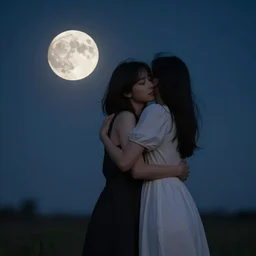 girl hugs the moon, dress, realistic, night, light
