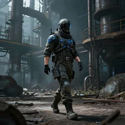 Futuristic matte painting of a cyberpunk soldier walking through an abandoned foundry, volumetric light scattering, highly detailed, digital art, Andreas Rocha, Darek Zabrocki, ArtStation, CGSociety, Unreal Engine, 4K, 8K