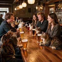 a bunch of cats out at an upscale country bar drinking beers at the counte,